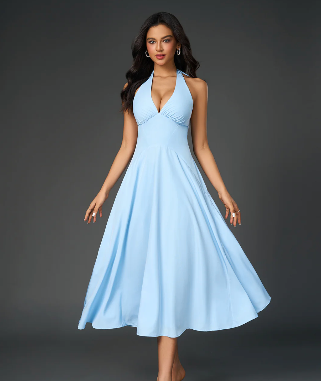 Kamryn - Deep V-Neck Halter Ruched Back Solid Dress