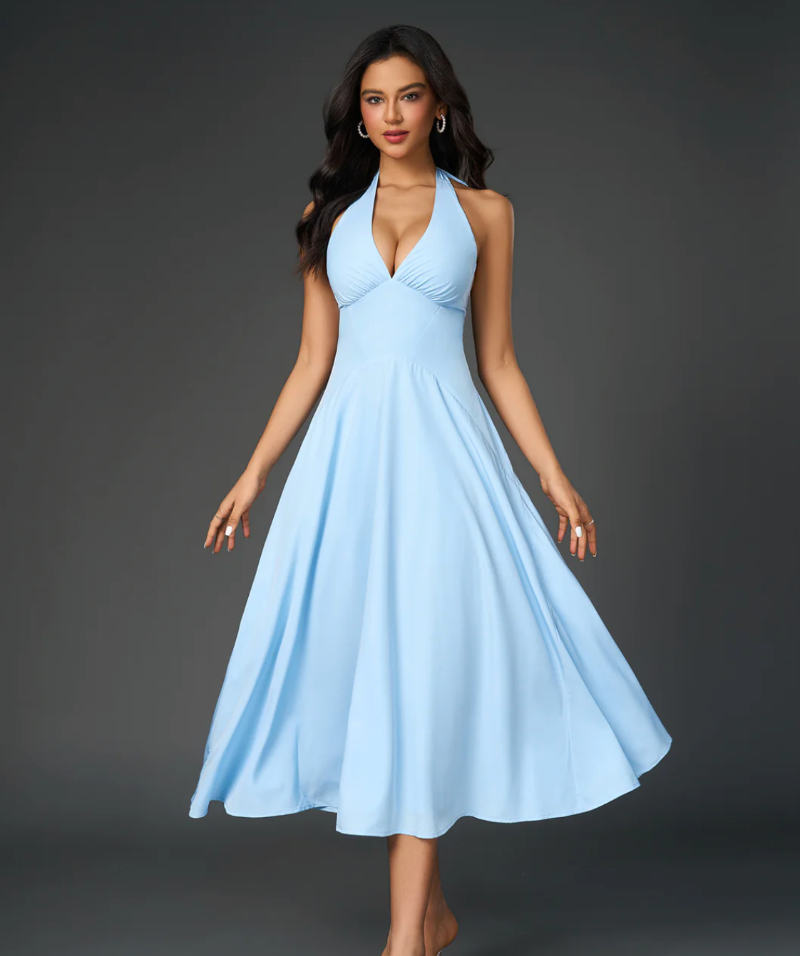 Kamryn - Deep V-Neck Halter Ruched Back Solid Dress