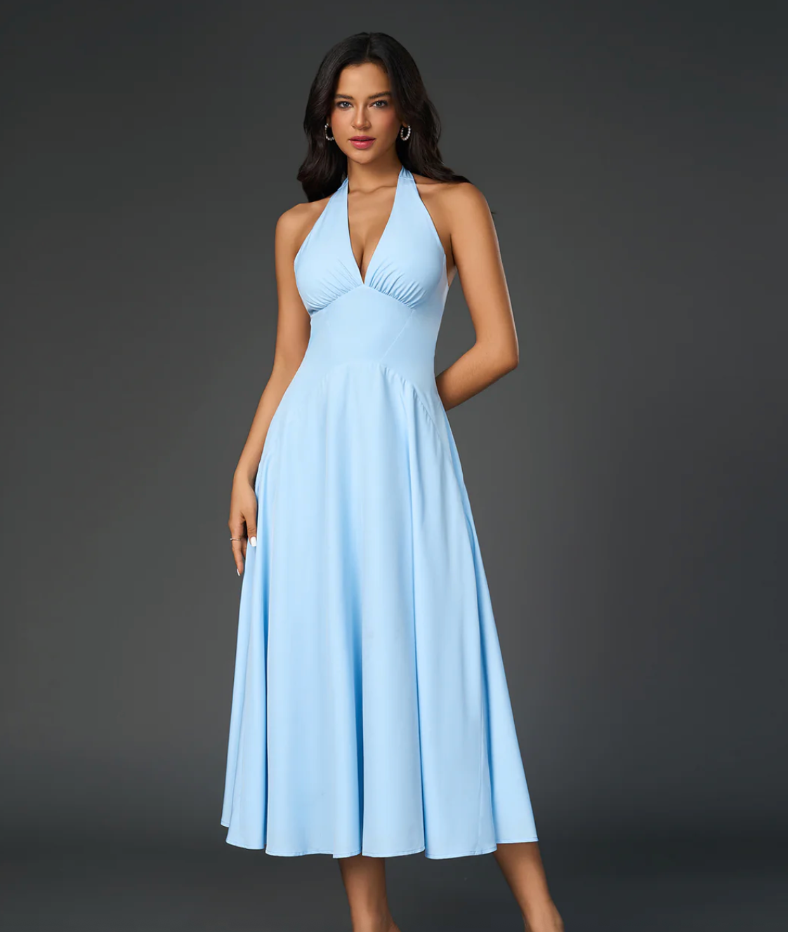 Kamryn - Deep V-Neck Halter Ruched Back Solid Dress