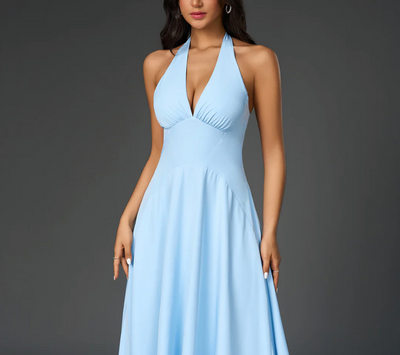 Kamryn - Deep V-Neck Halter Ruched Back Solid Dress